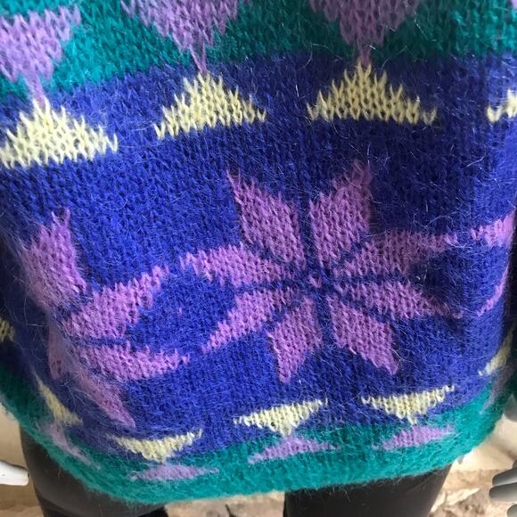 Vintage Gallagher Mohair Geometric Print Snowflake Green Purple Sweater Size S - Picture 4 of 9